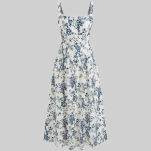 Square Neck Floral Corset Lace Up Midi Dress