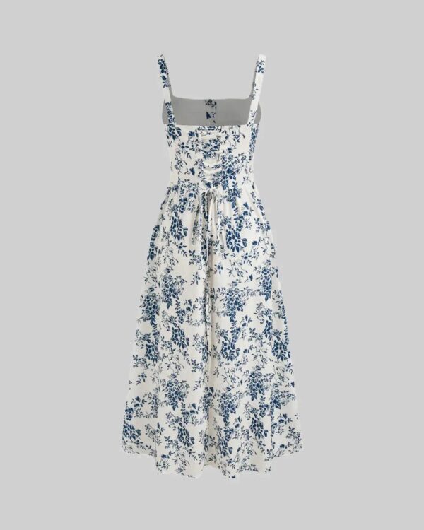 Square Neck Floral Corset Lace Up Midi Dress - Image 2